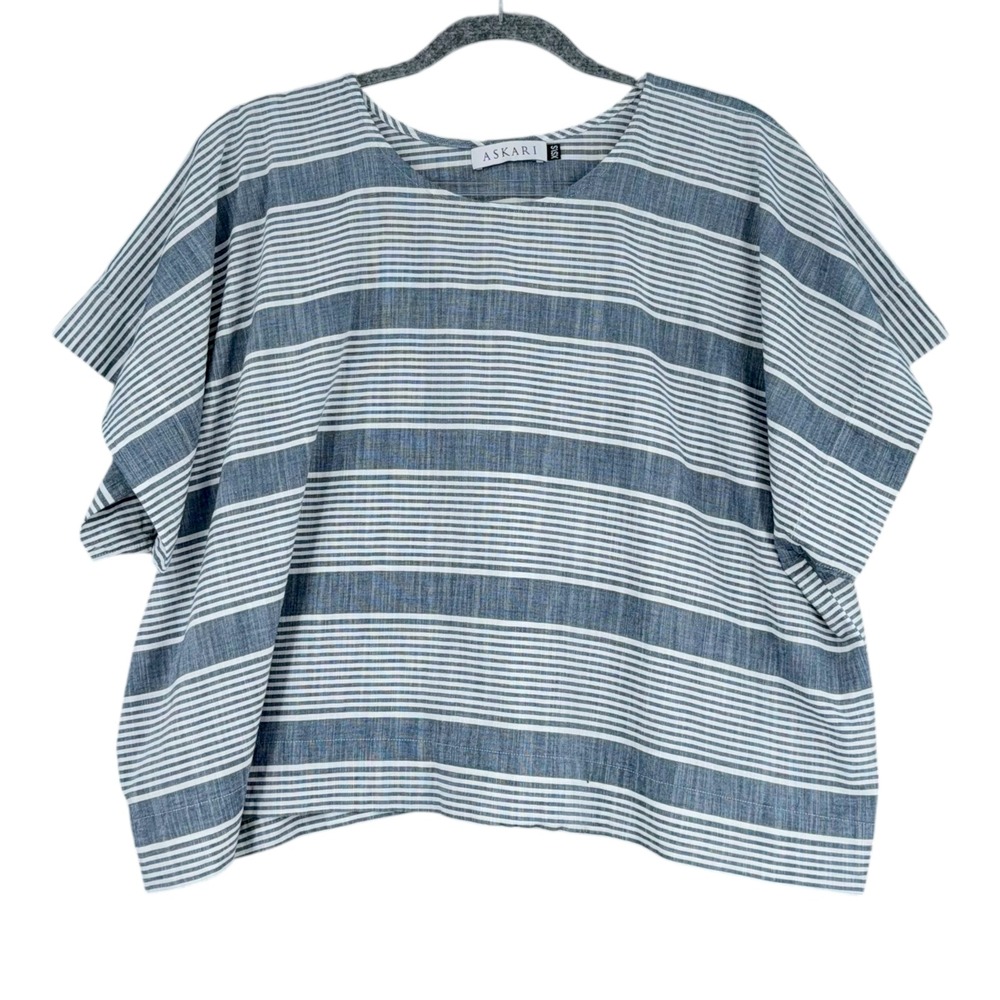 ASKARI XS/S Blue Striped Cotton Boxy Top Short‎ Sleeve Relaxed Fit Women's